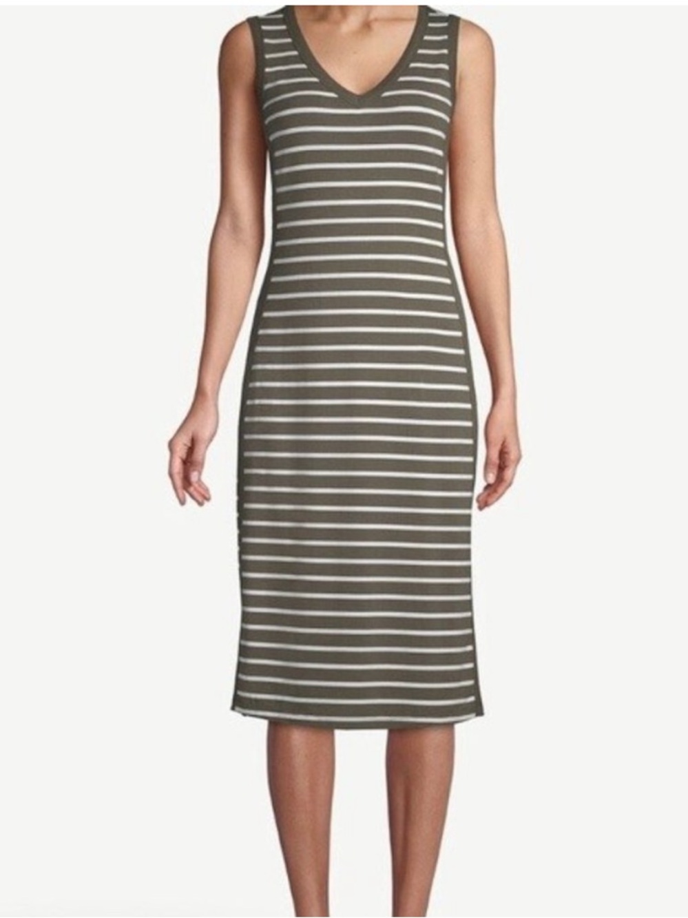 Chico’s Zenergy Striped Midi Tank Dress Olive White Stretch Size 2 (12/14) Large